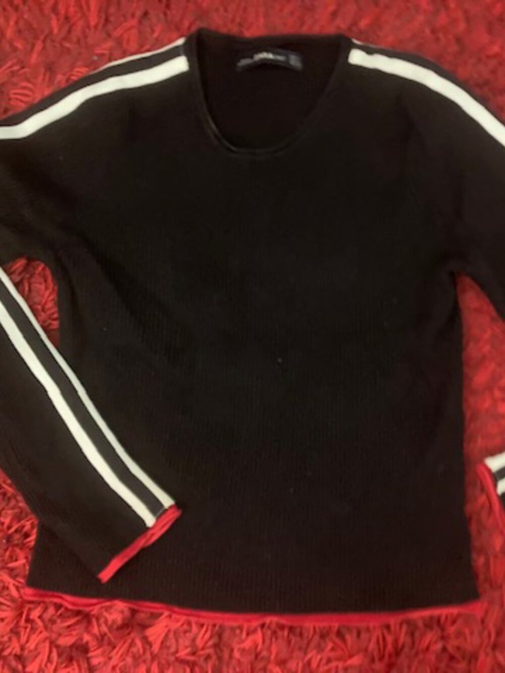 Zara Crop Top Ribbed Knit....Black/White Stripes on sleeves Red Accent edge S